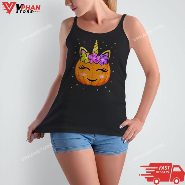 Cute Unicorn Pumpkin Halloween Shirt Girls Women Witchy T-Shirt