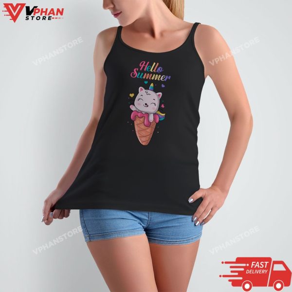 Hello Summer Cute Unicorn Ice Cream Bar Gelato Ice Popsicle T-Shirt