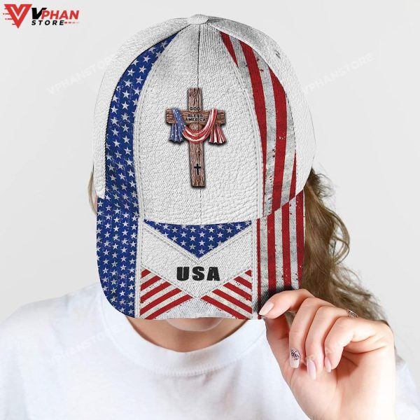 American Flag On Cross God Bless Baseball Cap, Religious Gifts For Men