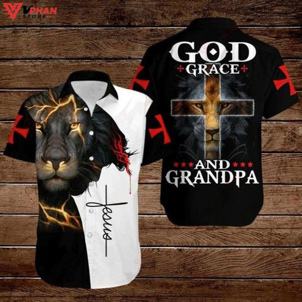 Bible Lion God Grace And Grandpa Tropical Outfit Christian Hawaiian Shirt