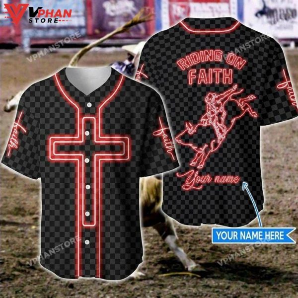 Bull Riding Bull Riding On Faith Cross Christian Baseball Jersey