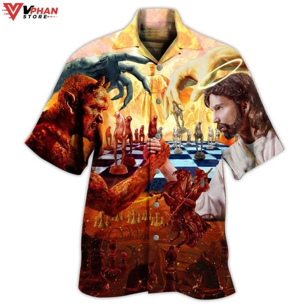 Chess Battle Satan Jesus Cool Style Tropical Outfit Christian Hawaiian Shirt