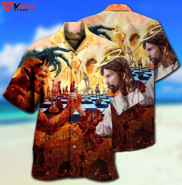 Chess Battle Satan Jesus Cool Style Tropical Outfit Christian Hawaiian Shirt