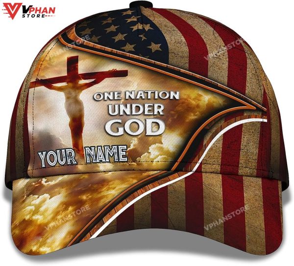 Cross One Nation Under God American Flag Custom Name Baseball Cap