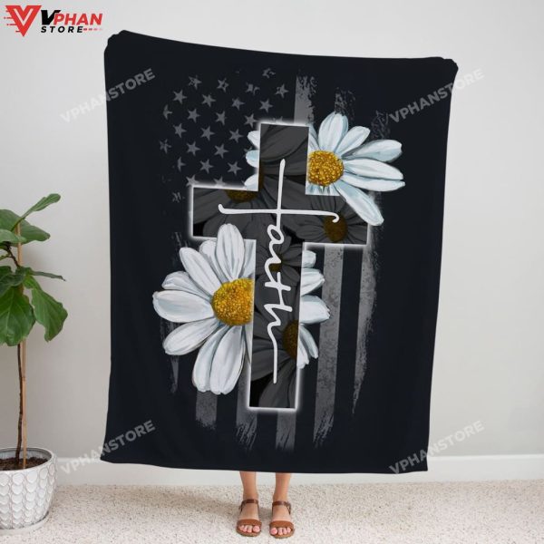 Faith Cross Daisy Fleece Christian Bible Verse Blanket