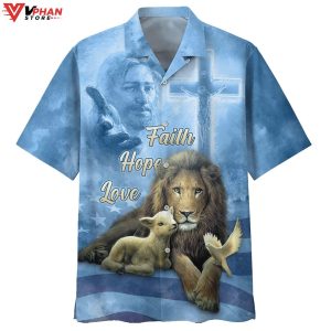 Faith Hope Love Jesus Lion And The Lamb Christian Easter Hawaiian Shirt 1