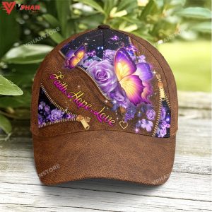 Faith Hope Love Magical Butterfly Purple Roses Leather Style Baseball Cap 1
