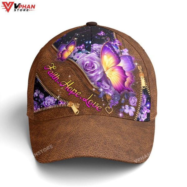 Faith Hope Love Magical Butterfly Purple Roses Leather Style Baseball Cap