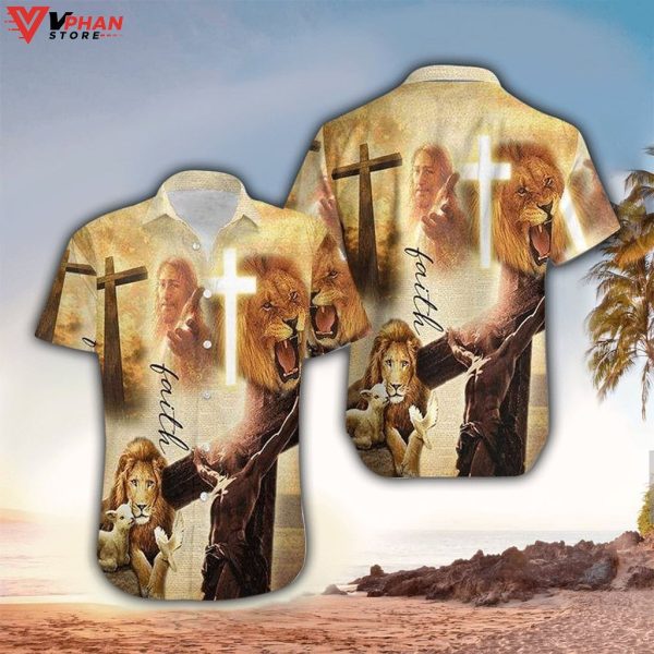 Faith Lion Lamb Jesus 3d Christian Gift Easter Hawaiian Shirt