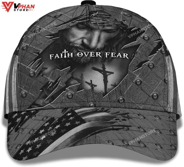 Faith Over Fear God With Cross And American Flag Baseball Cap