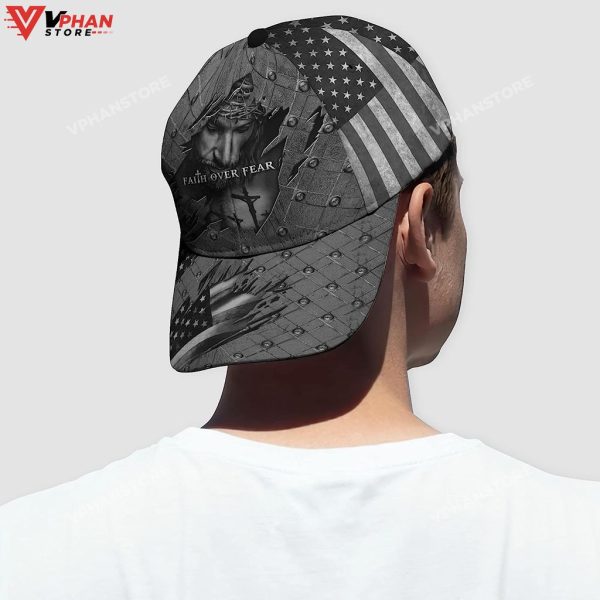 Faith Over Fear God With Cross And American Flag Baseball Cap