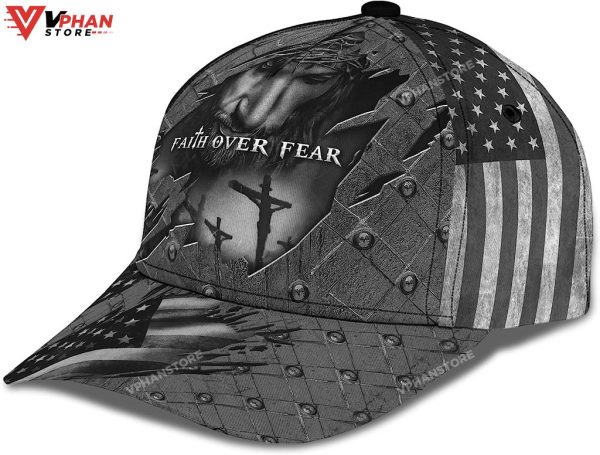 Faith Over Fear God With Cross And American Flag Baseball Cap