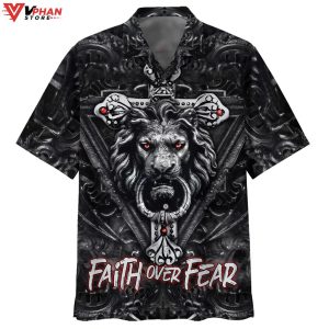 Faith Over Fear Gothic Lion Black Christian Gift Ideas Easter Hawaiian Shirt 1