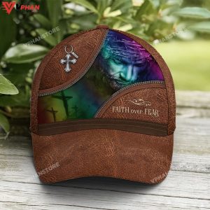 Faith Over Fear Jesus Leather Style Baseball Cap 1
