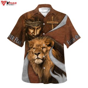 Faith Over Fear Jesus Lion Christian Outfit Hawaiian Summer Shirt 1