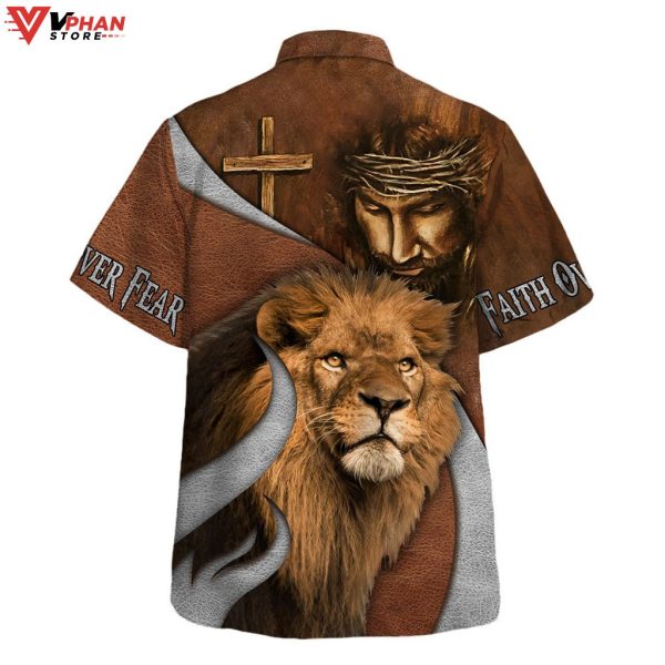 Faith Over Fear Jesus Lion Christian Outfit Hawaiian Summer Shirt