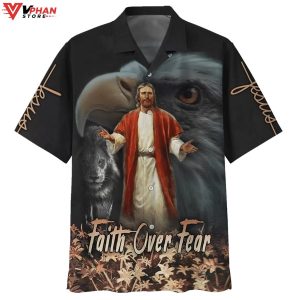 Faith Over Fear Jesus Lion Eagle Christian Outfit Easter Hawaiian Shirt 1