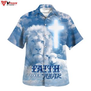 Faith Over Fear Jesus Lion Lamb Christian Outfit Hawaiian Summer Shirt 1