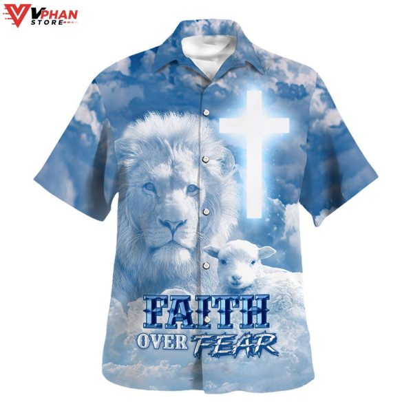 Faith Over Fear Jesus Lion Lamb Christian Outfit Hawaiian Summer Shirt