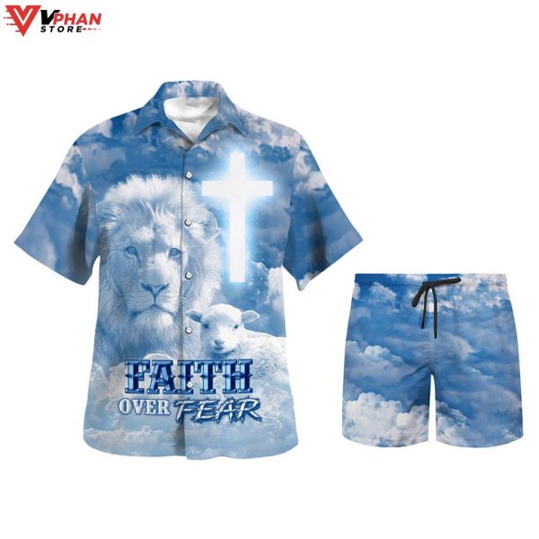 Faith Over Fear Jesus Lion Lamb Christian Outfit Hawaiian Summer Shirt