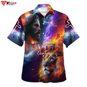 Faith Over Fear Jesus Lion Of Judah Christian Gift Hawaiian Summer Shirt 1