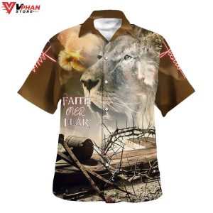 Faith Over Fear Lion And Crown Of Thorns Hawaiian Summer Shirt 1