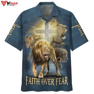 Faith Over Fear Lion Christian Gift Ideas Easter Hawaiian Shirt 1