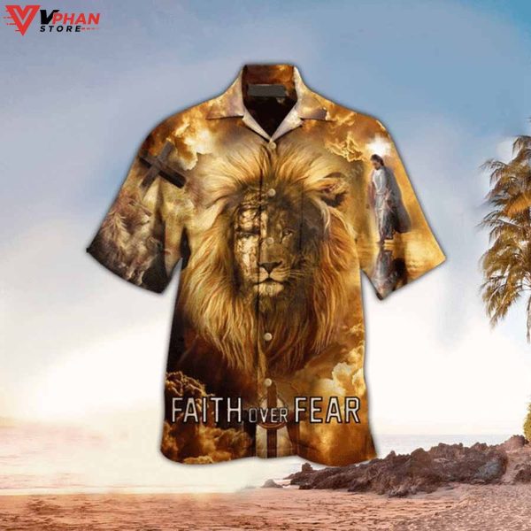 Faith Over Fear Lion Christian Gift Tropical Outfit Hawaiian Summer Shirt