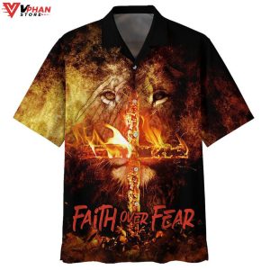 Faith Over Fear Lion Cross Christian Outfit Hawaiian Summer Shirt 1