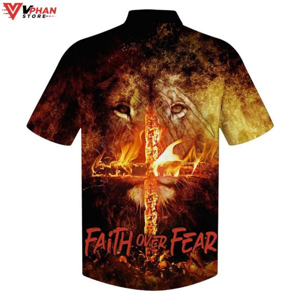 Faith Over Fear Lion Cross Christian Outfit Hawaiian Summer Shirt