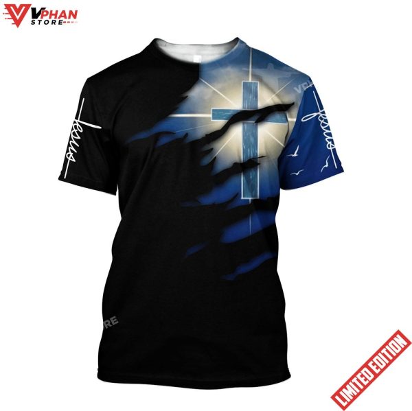 Glowing Light Cross Black And Blue Color Jesus Unisex Shirt, Christmas Presents for Christians