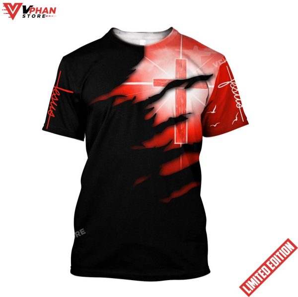 Glowing Light Cross Black And Red Color Jesus Unisex Christian 3d Shirt