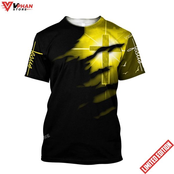 Glowing Light Cross Black And Yeallow Color Jesus Unisex Shirt