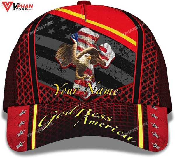 God Bless America Bald Eagle America Flag Custom Name Baseball Cap