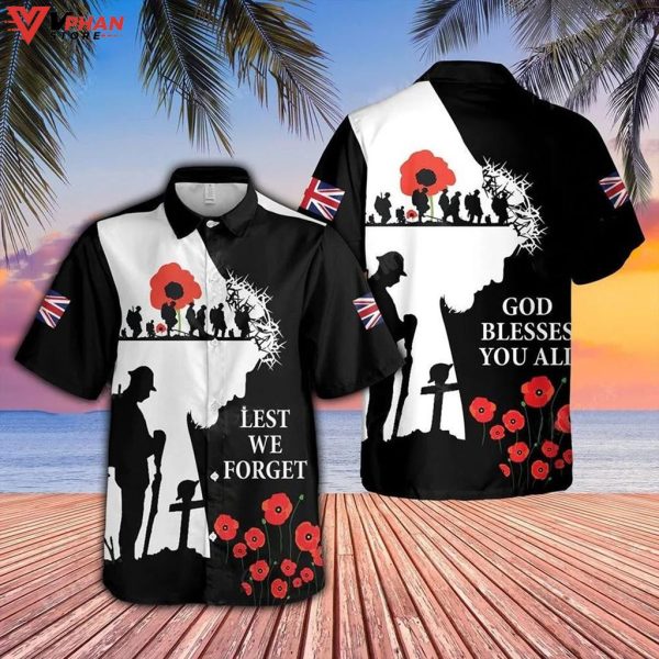 God Blessed You All Veteran Silhouette Lest We Forget Hawaiian Shirt