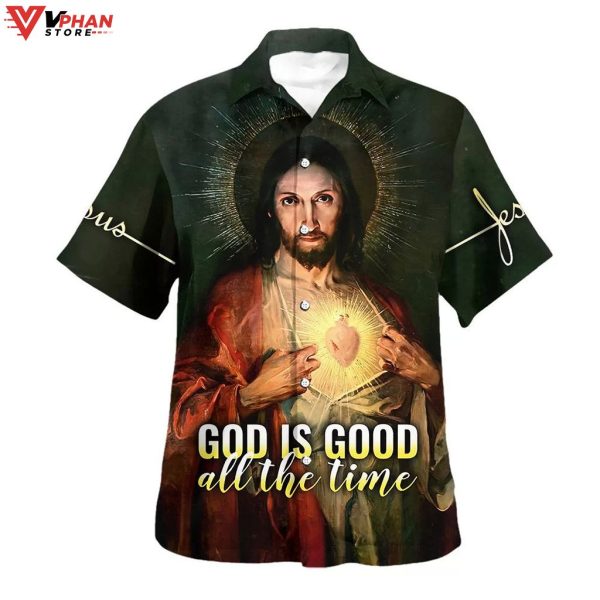 God Is Good All The Time Sacred Heart Tropica Christian Hawaiian Shirt