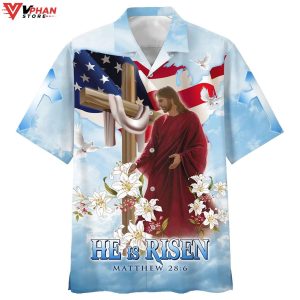 He Is Risen Jesus Cross With Lilies Christian Outfit Hawaiian Summer Shirt 1