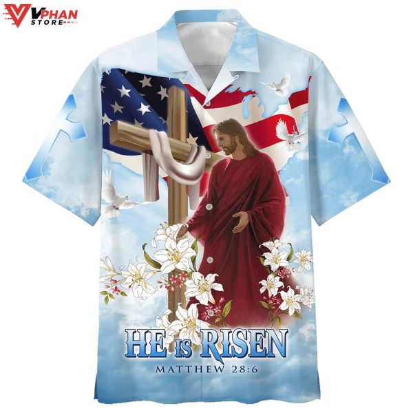 He Is Risen Jesus Cross With Lilies Christian Outfit Hawaiian Summer Shirt