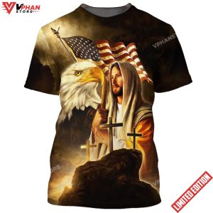 Jesus American Flag With Eagle Cross 3D All Over Printed Shirt 1