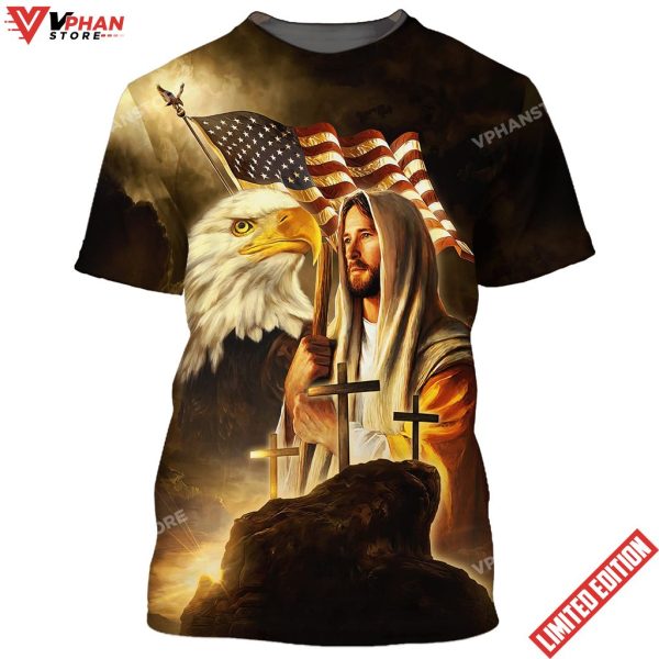 Jesus American Flag With Eagle Cross 3D All Over Printed Shirt