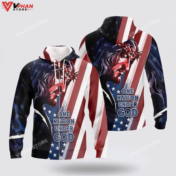 Jesus And American Flag One Nation Under God Christian Hoodie