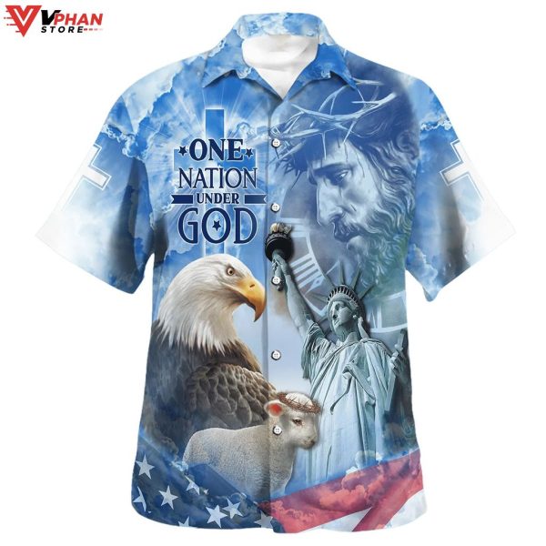 Jesus And Eagle One Nation Under God Christian Outfit  Hawaiian Shirt