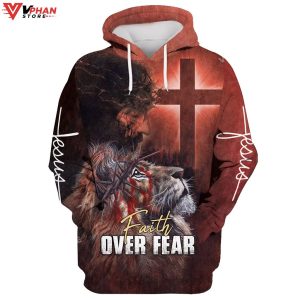 Jesus And Lion Faith Over Fear Hoodie Men Women Christian Hoodie 1