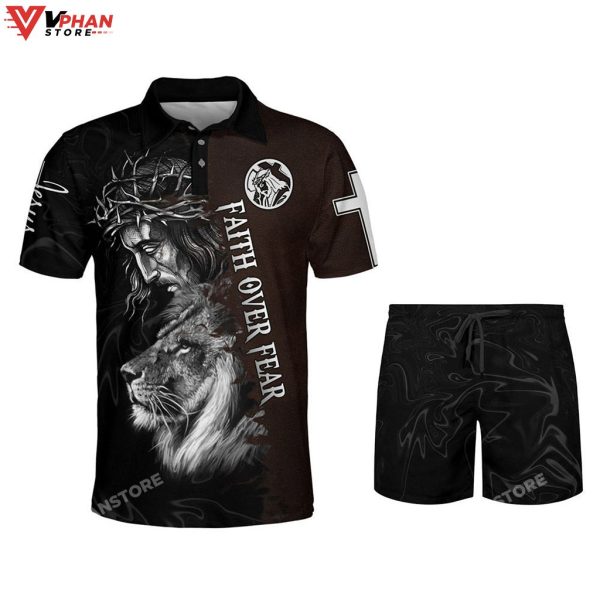 Jesus And Lion Faith Over Fear Religious Gifts Christian Polo Shirt & Shorts