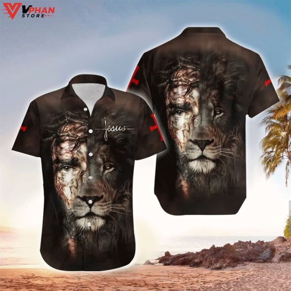 Jesus And Lion Gray Christian Gift Ideas Hawaiian Shirt