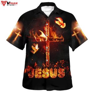 Jesus Burning Fire Cross Tropical Outfit Christian Gift Hawaiian Aloha Shirt 1