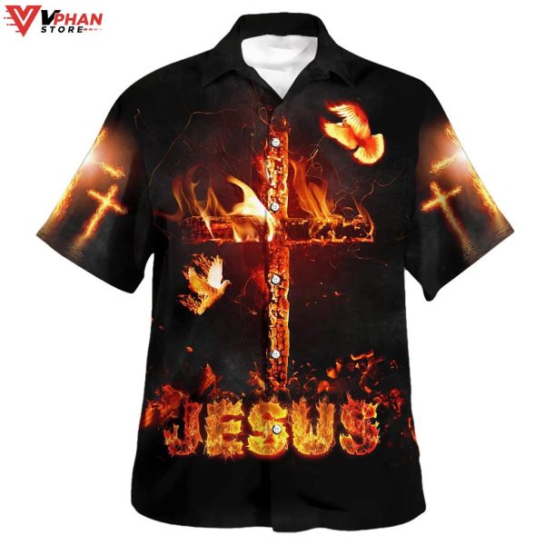 Jesus Burning Fire Cross Tropical Outfit Christian Gift Hawaiian Aloha Shirt