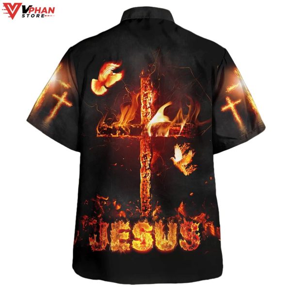 Jesus Burning Fire Cross Tropical Outfit Christian Gift Hawaiian Aloha Shirt