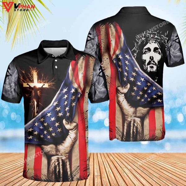 Jesus Christ American Flag Cross Religious Christian Polo Shirt & Shorts