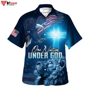 Jesus Christ Lion Eagle One Nation Under God American Hawaiian Shirt 1